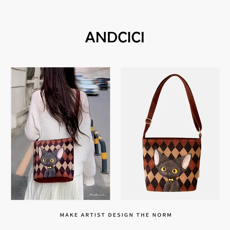 ANDCICI@美拉德文猫 斜挎拉链水桶包时尚小方包单肩包手提包女包