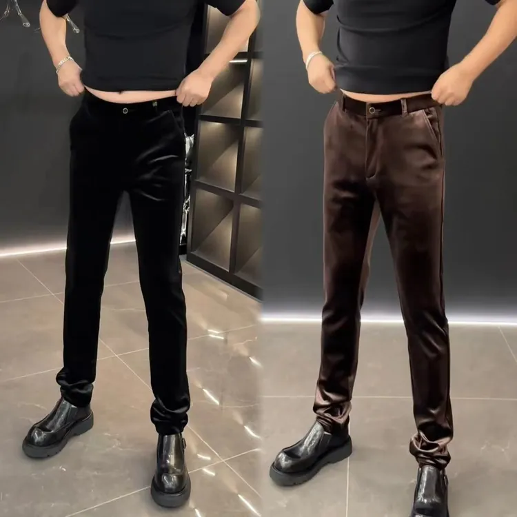 男士时尚潮流百搭金丝绒休闲小脚裤修身直筒商务休闲裤亲肤金丝绒