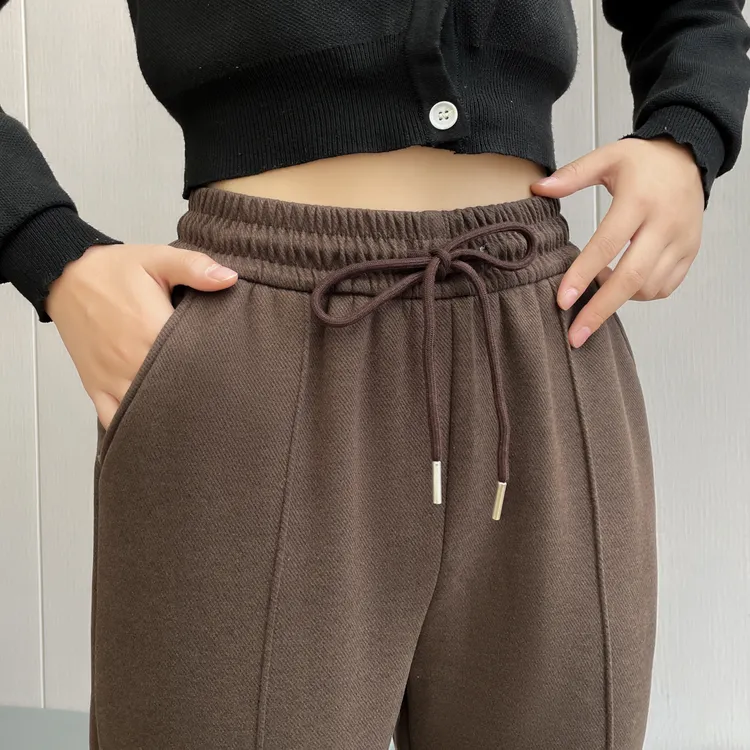 2024秋冬加绒加厚毛呢烟管窄版高腰直筒裤休闲宽松百搭显瘦女松紧