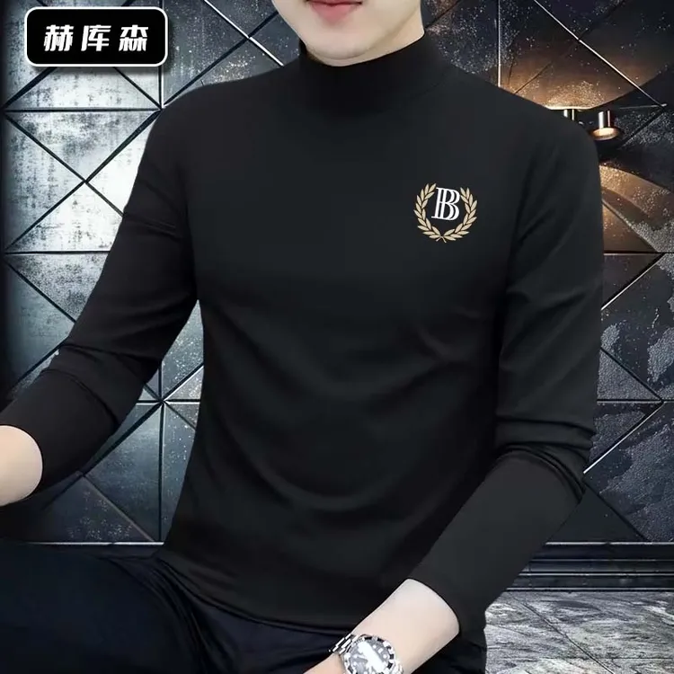 赫库森新款半高领内搭打底衫修身秋冬男保暖德绒磨毛T恤上衣长袖