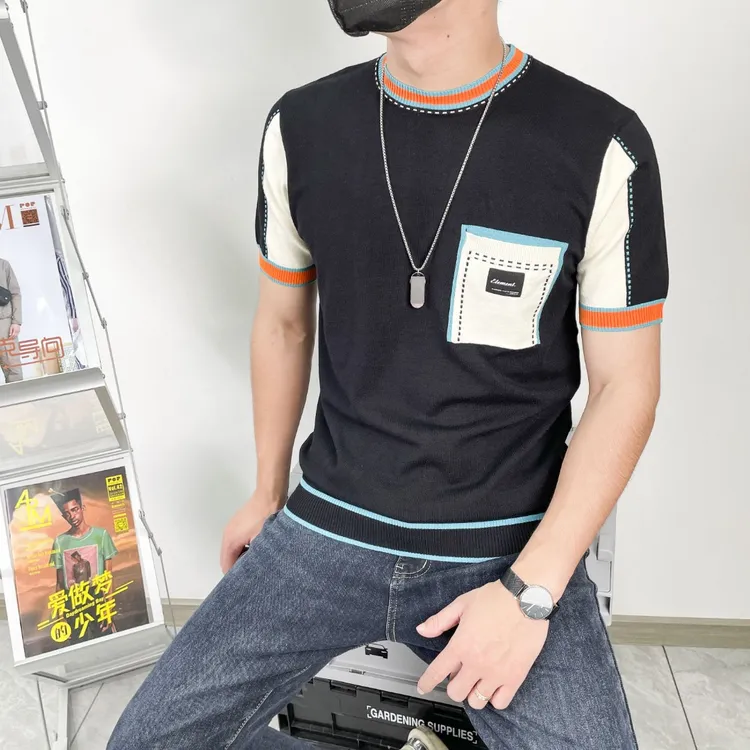 男装春秋新款圆领撞色针织短袖拼接口袋设计T恤时尚百搭修身打底