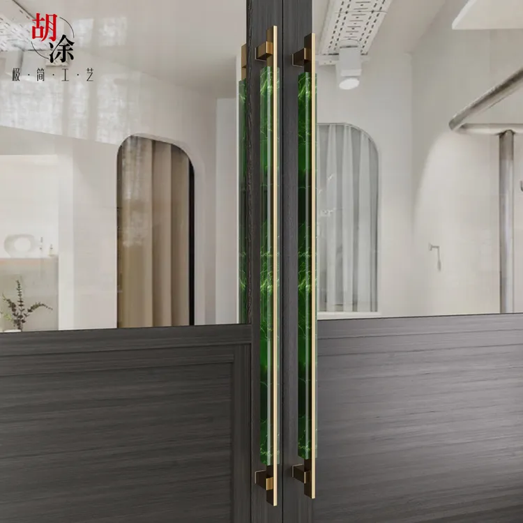 胡涂天然树脂石材玻璃门拉手对开木门大拉手现代简约金色门把手