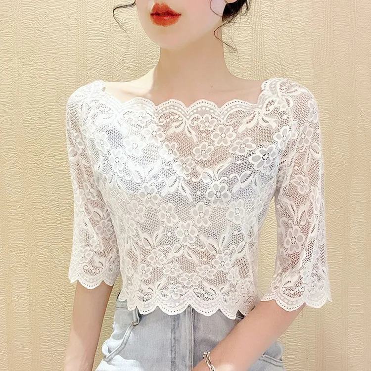 一字肩蕾丝打底衫网纱t恤中袖镂空花边纱衣短款上衣吊带裙内搭女