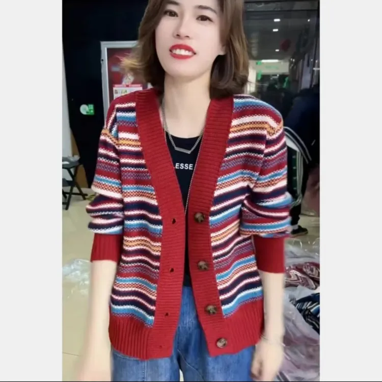 韩版秋季时尚秋冬拼色气质显瘦百搭毛衣开衫条纹针织衫宽松