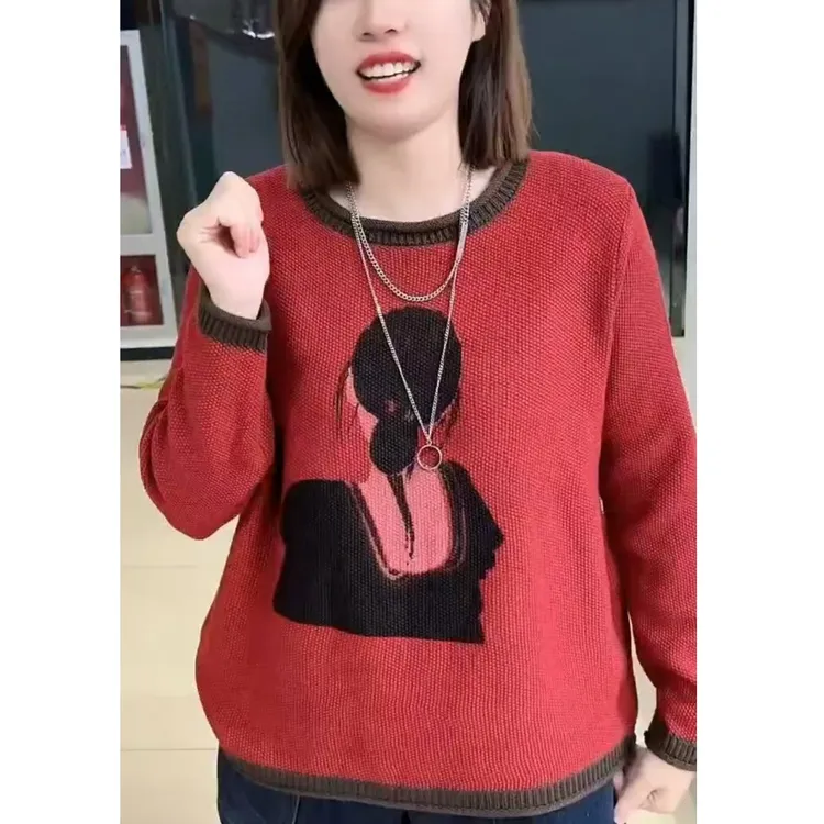 新款圆领丸子头背影圆领针织衫2025宽松长袖毛衣时尚百搭洋气秋冬