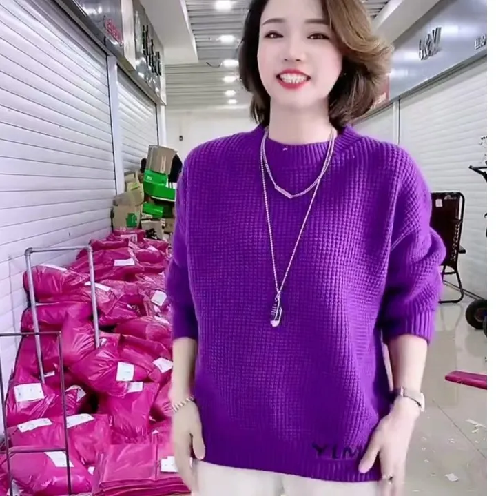 秋冬加厚时尚洋气套头毛衣百搭宽松休闲圆领下摆开叉针织衫保暖潮