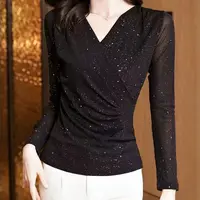 秋季新款打底衫显瘦气质百搭时尚长袖v领设计感t恤女