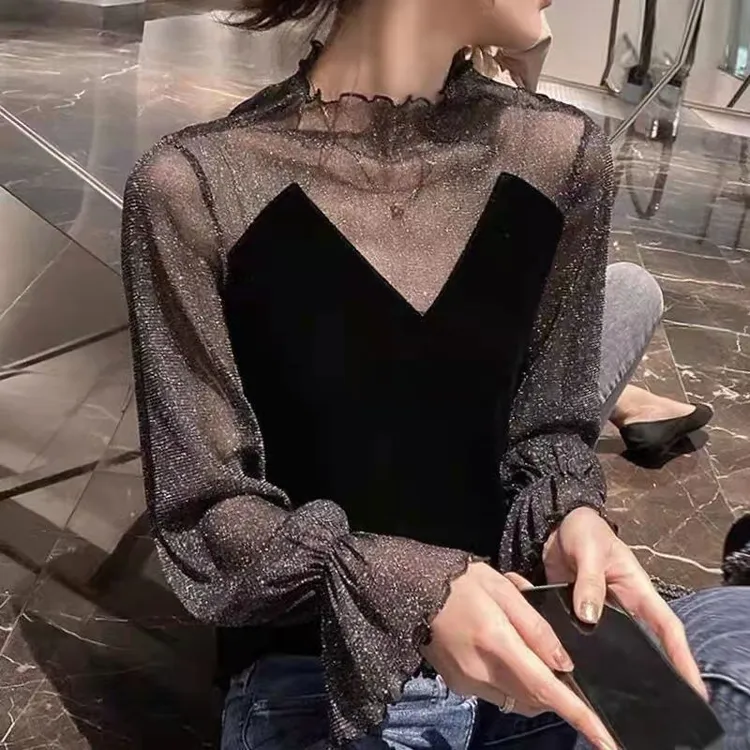 (80-200斤)丝绒打底衫2025秋季新款拼接半高领显瘦t恤长袖上衣女