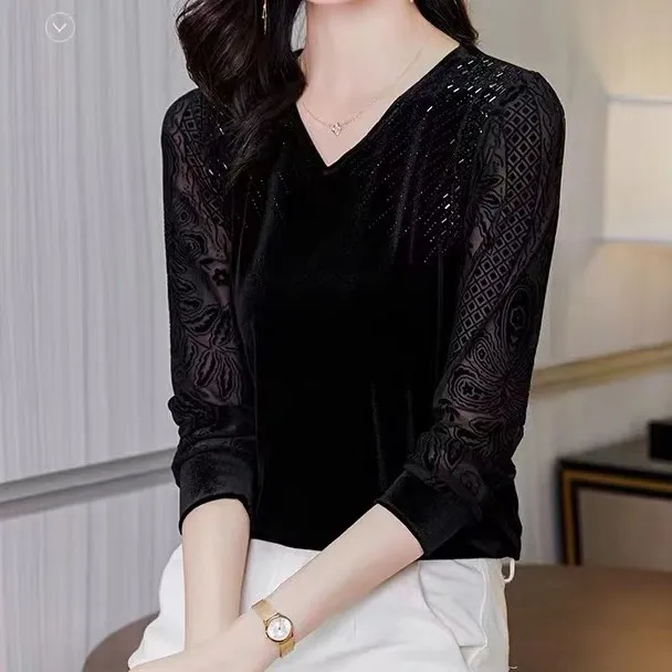 秋季新款丝绒打底衫显瘦气质百搭烫钻t恤洋气黑色上衣女 