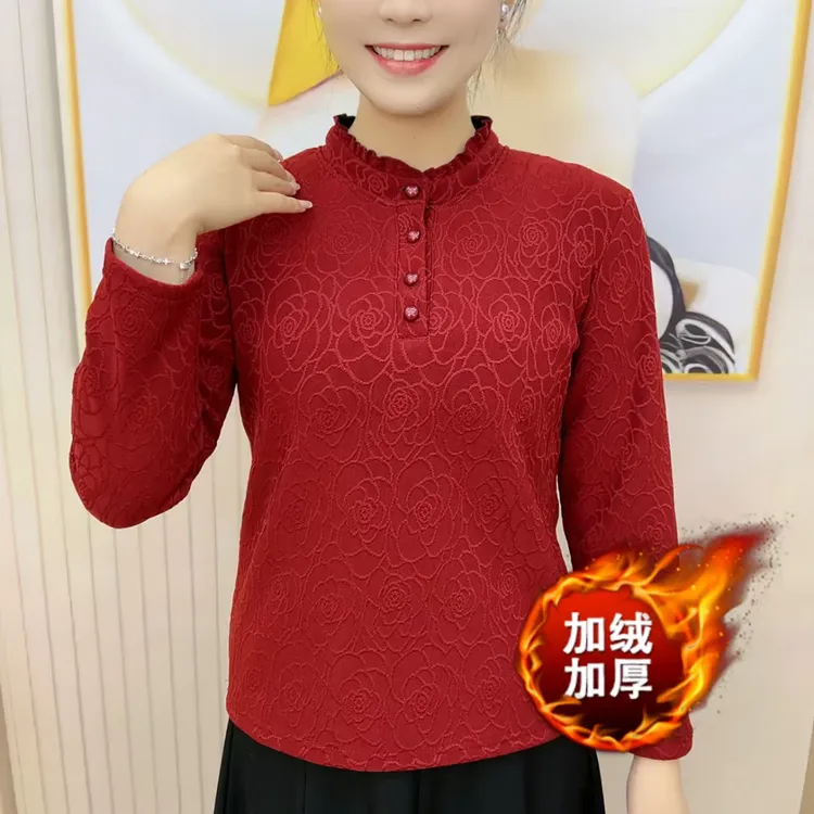 25新款花边半开领保暖上衣加绒加厚冬款小衫时尚百搭大气宽松版