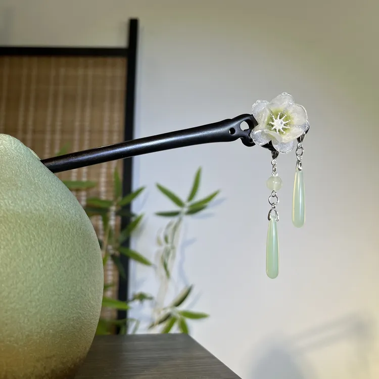 黑檀木发簪【清芙】温柔流苏步摇奶白色花日常中式木簪子盘发