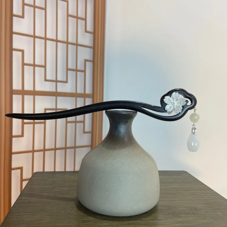 双面天然黑檀木发簪【瑶清】仙气玉兰花国风水滴吊坠木簪子盘发6063