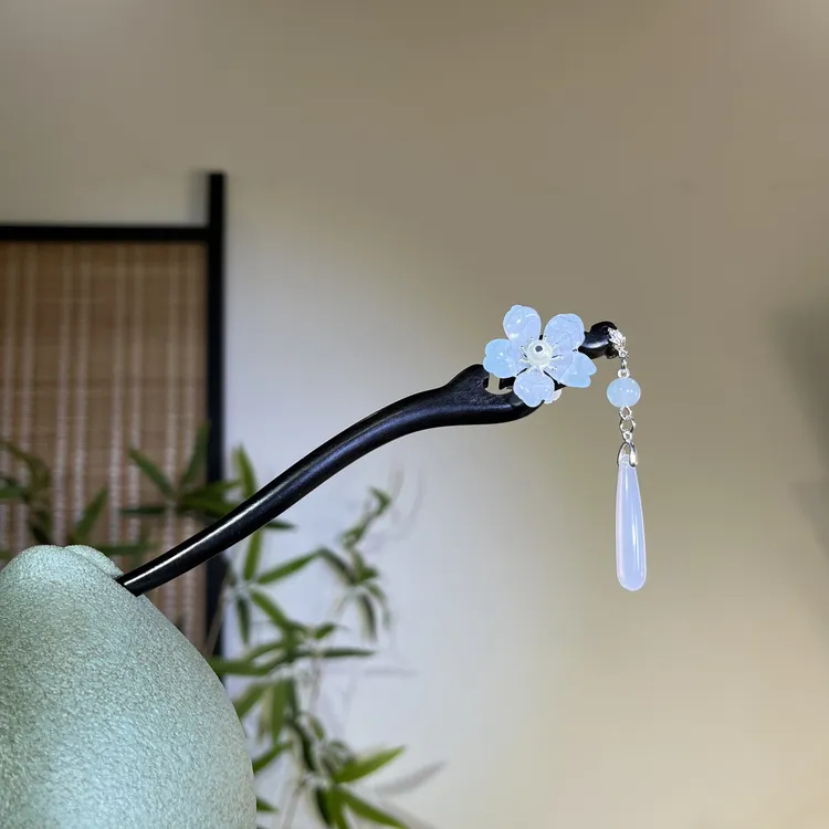 天然黑檀木发簪18cm【苏沫】蓝色小花流苏日常中式简约清新盘发簪