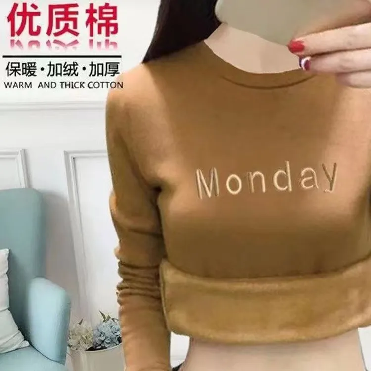 新款【德绒】自发热加绒打底衫女2023秋冬季修身遮肚长袖t恤保暖衫