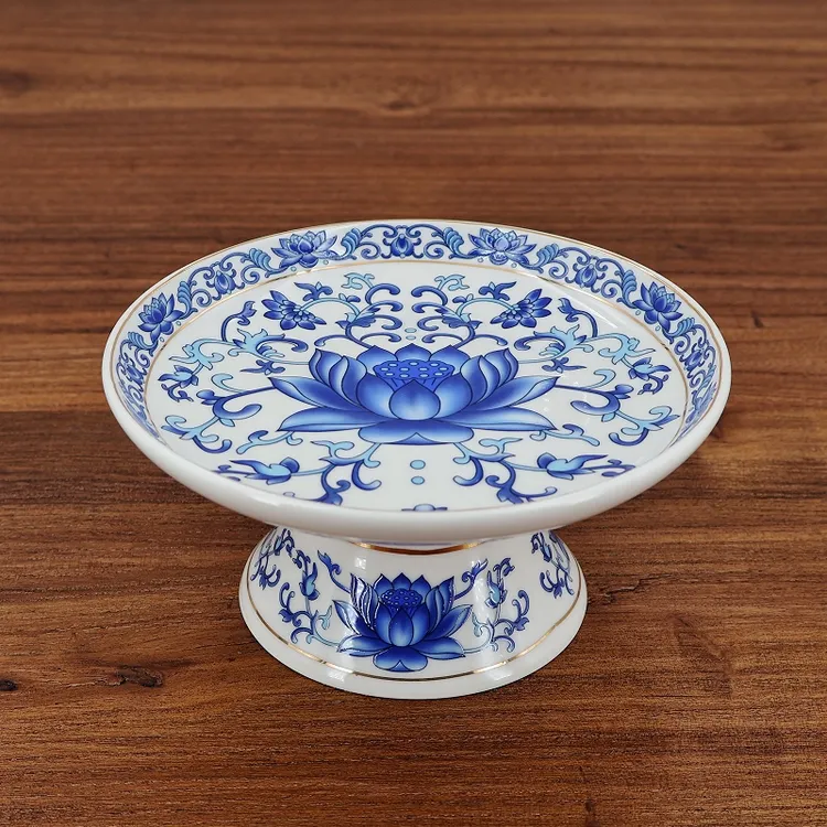 供盘青花瓷高脚果盘家用陶瓷莲花贡盘中式水果盘