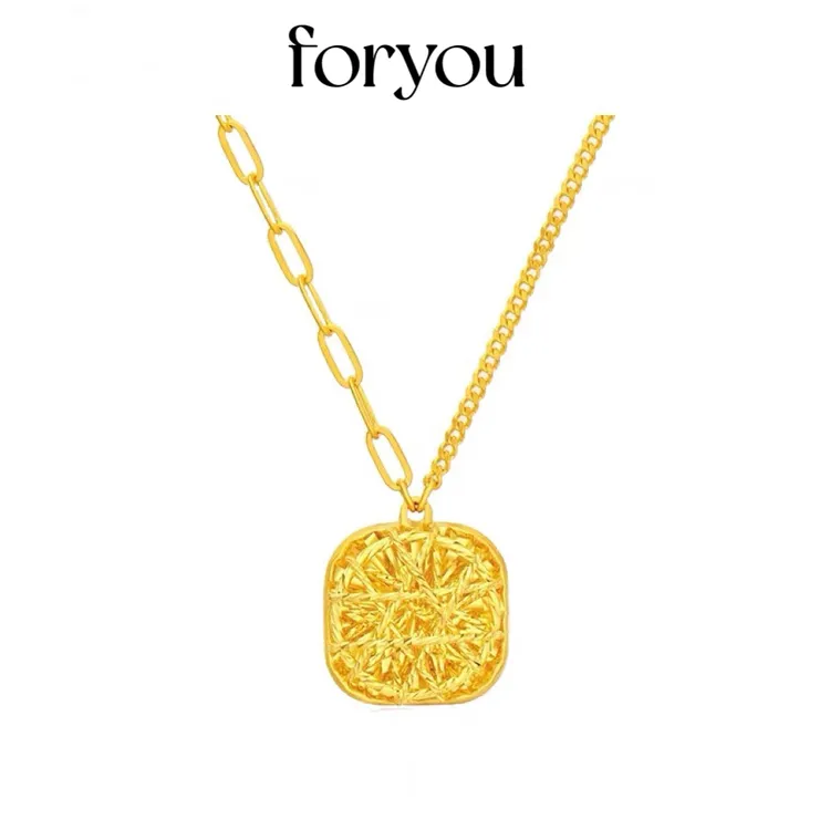 铜合金项链 女士古法拉丝爆闪方糖24k轻奢毛衣链