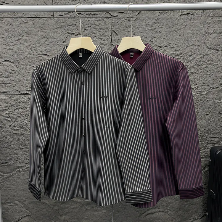 2024秋冬新款经典竖条纹衬衫男士加绒时尚商务长袖衬衣修身百搭
