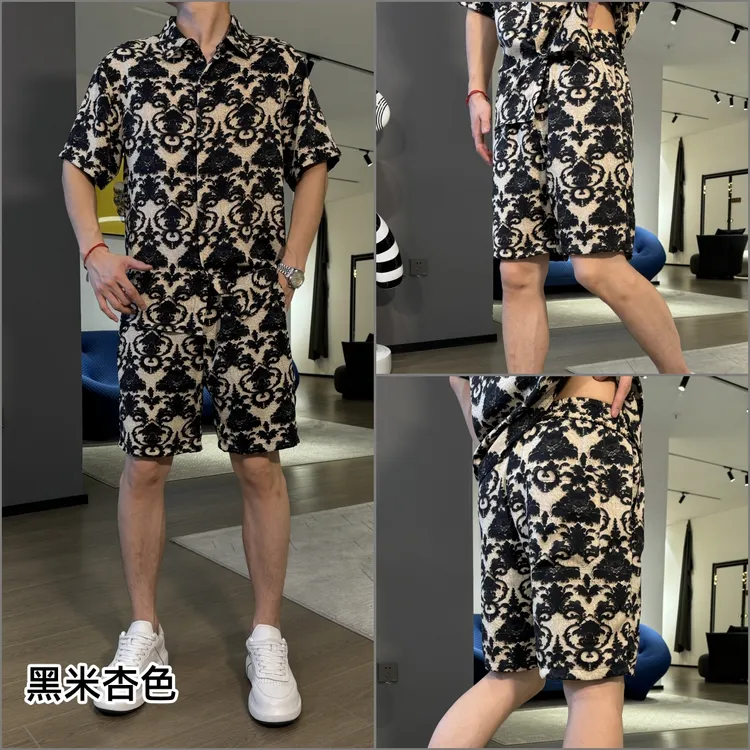 夏季新款男士冰丝套装休闲时尚衬衫短袖薄款宽松潮流五分短裤欧花