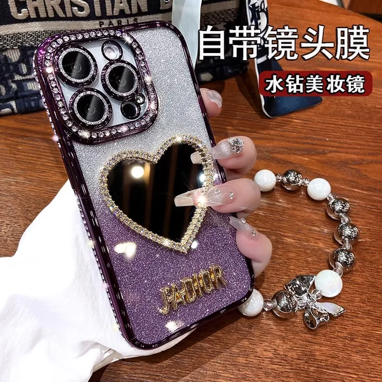 水钻边框苹果15promax爱心镜子手机壳iPhone16高级感14保护壳13pm