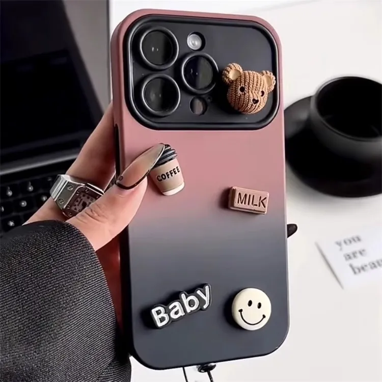 渐变撞色iPhone15咖啡熊苹果16手机壳14大视窗13全包肤感保护套pm