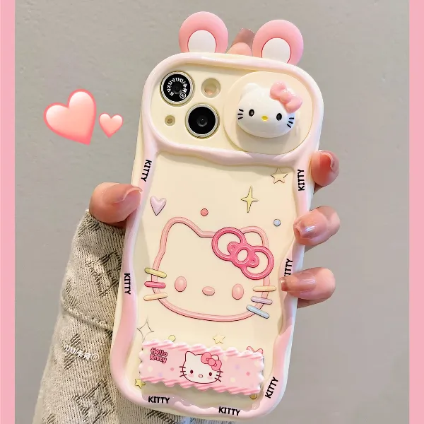 适用苹果16/17promax立体耳朵iPhone15推拉窗14KT猫支架手机壳13