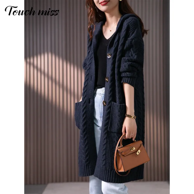 TOUCH MISS 复古麻花针织开衫中长款女2024年秋新款宽松连帽绞花