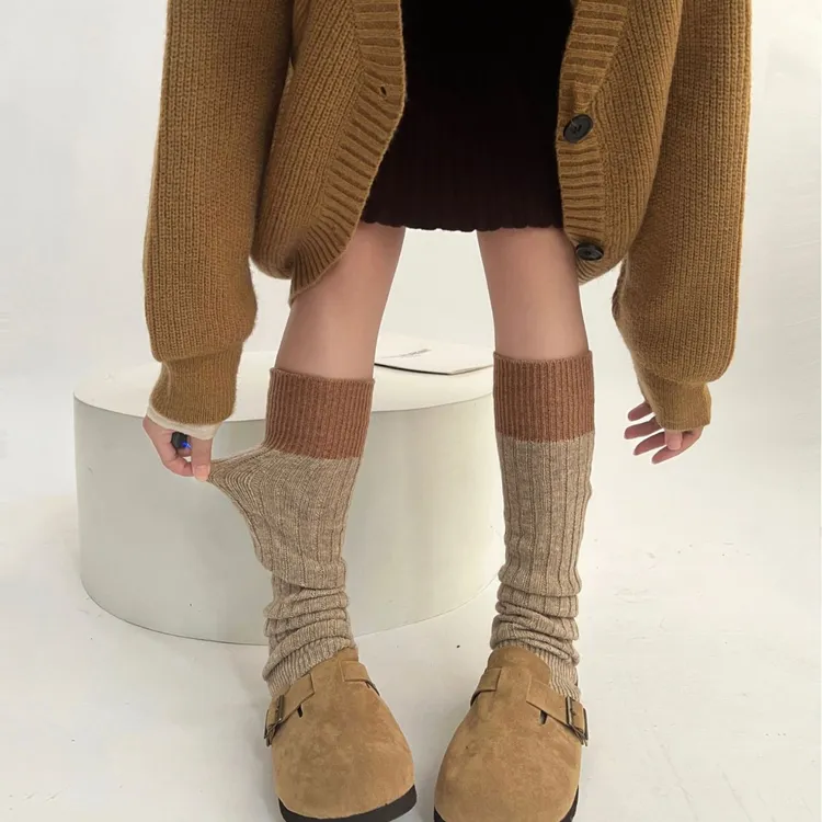 秋冬针织保暖复古撞色袜套灰色小腿袜JK拼接腿套女Y2K堆堆袜套
