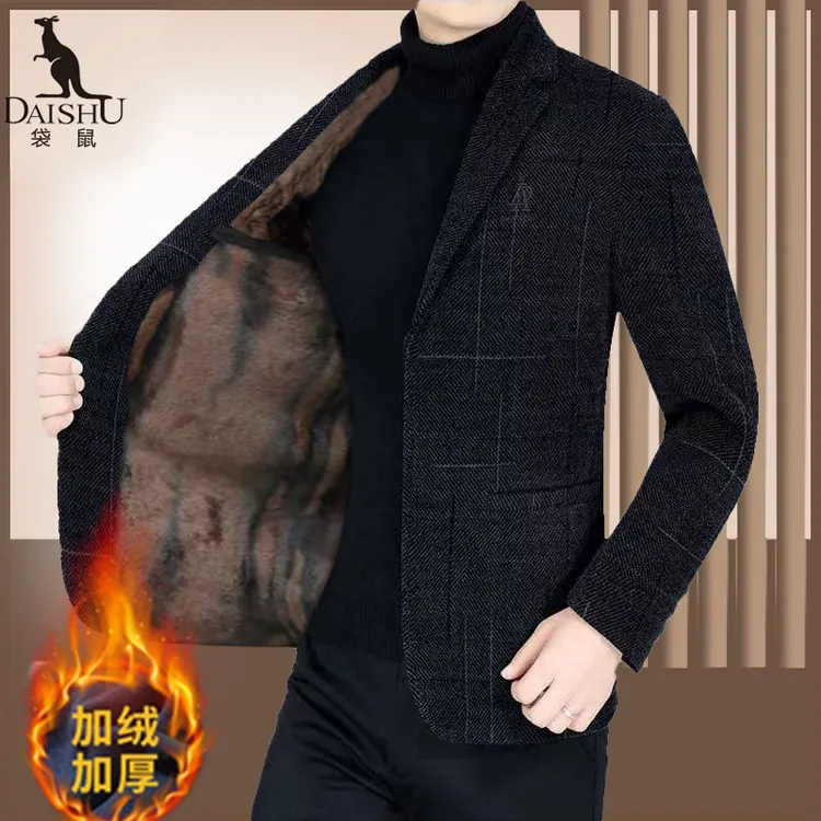 袋鼠休闲西装男士外套修身版2025冬毛呢加绒加厚秋冬男士西服