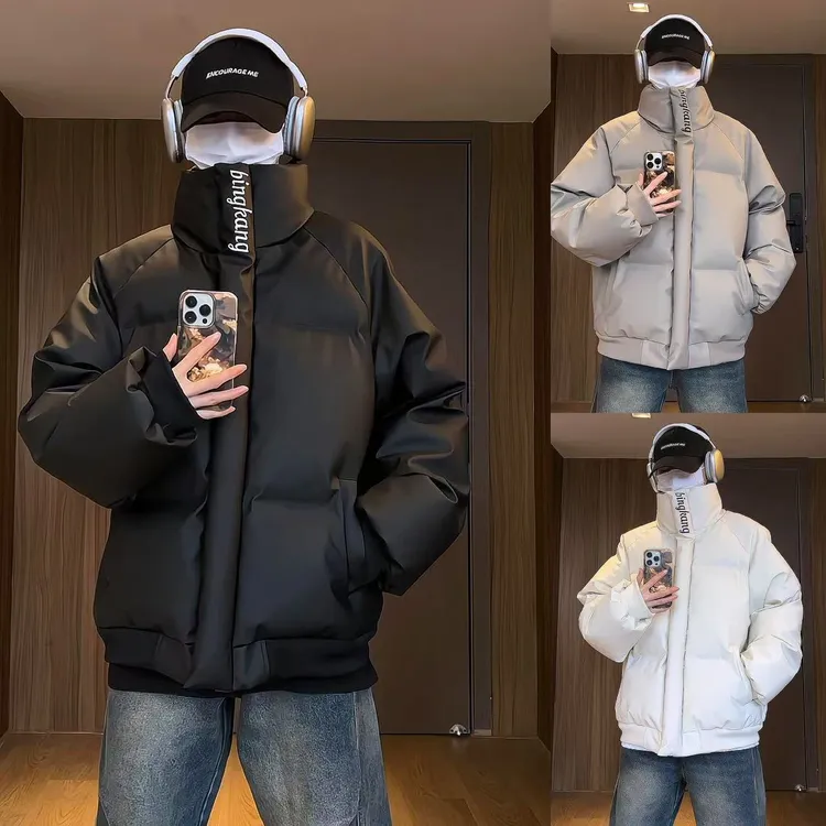 刺绣PU皮棉衣男冬季立领加厚防风防水宽松保暖冬装棉服情侣美式潮