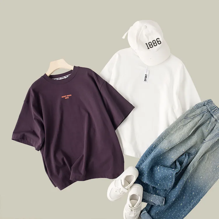 吴小越w347烟熏紫男童T恤2025款儿童潮流时尚上衣儿童T恤纯色圆领