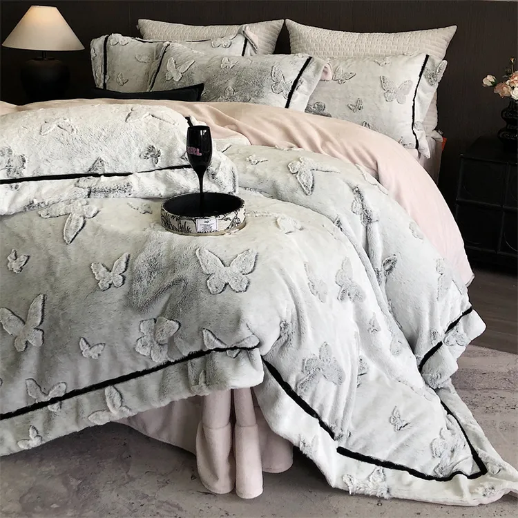 轻奢高端兔毛绒冬季四件套2024年新款加厚牛奶四件套牛奶绒双面绒