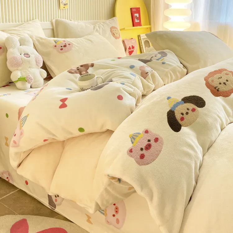 新款冬季加厚保暖高克重牛奶绒四件套可爱卡通小清新宿舍可机洗