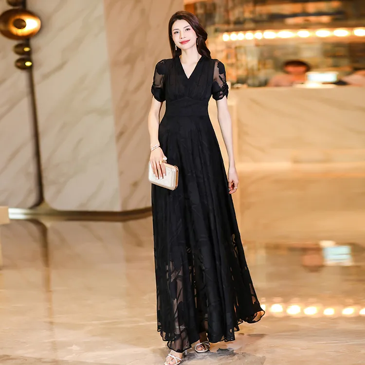 黑色提花雪纺连衣裙2024夏女高端显瘦夏新款雪纺超长到脚踝大摆裙