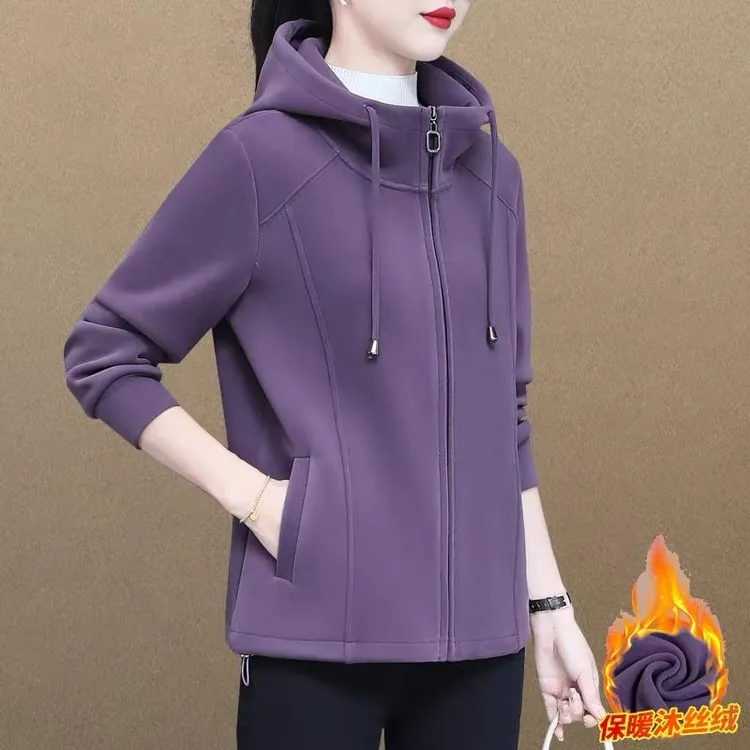 纯色连帽里外一致沐丝绒外套女春秋新款洋气保暖女士开衫休闲上衣