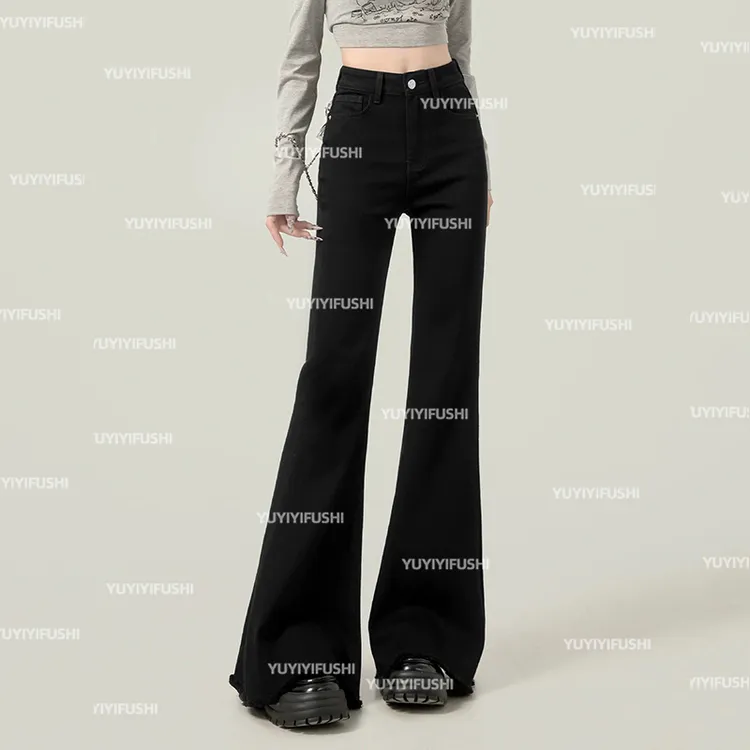 秋季新款黑色百搭直筒微喇牛仔裤女高腰显瘦不贴腿窄版喇叭拖地裤
