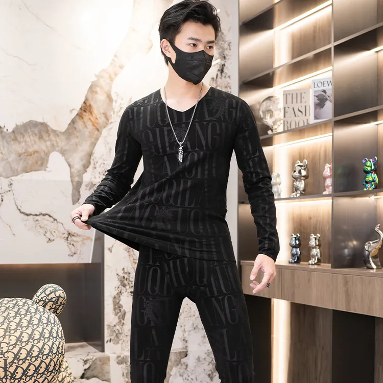 秋冬季男士新款压花磨绒V领加绒加厚双面磨绒保暖睡衣套装