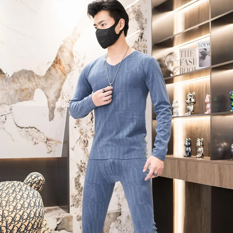 2025新款秋冬男士新款压花磨绒V领加绒加厚双面磨绒保暖睡衣套装