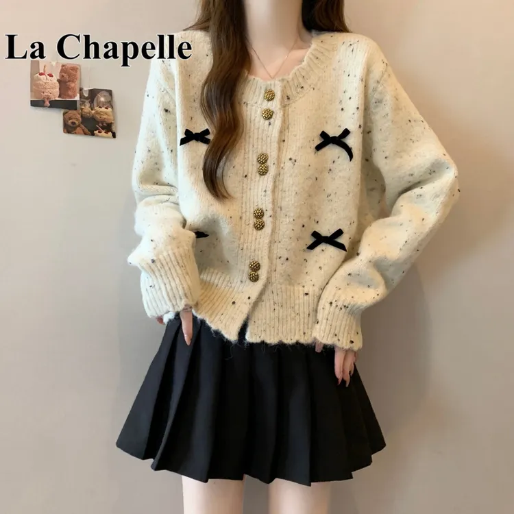 拉夏贝尔小香风针织开衫外套秋冬款大码学院风短款上衣蝴蝶结毛衣