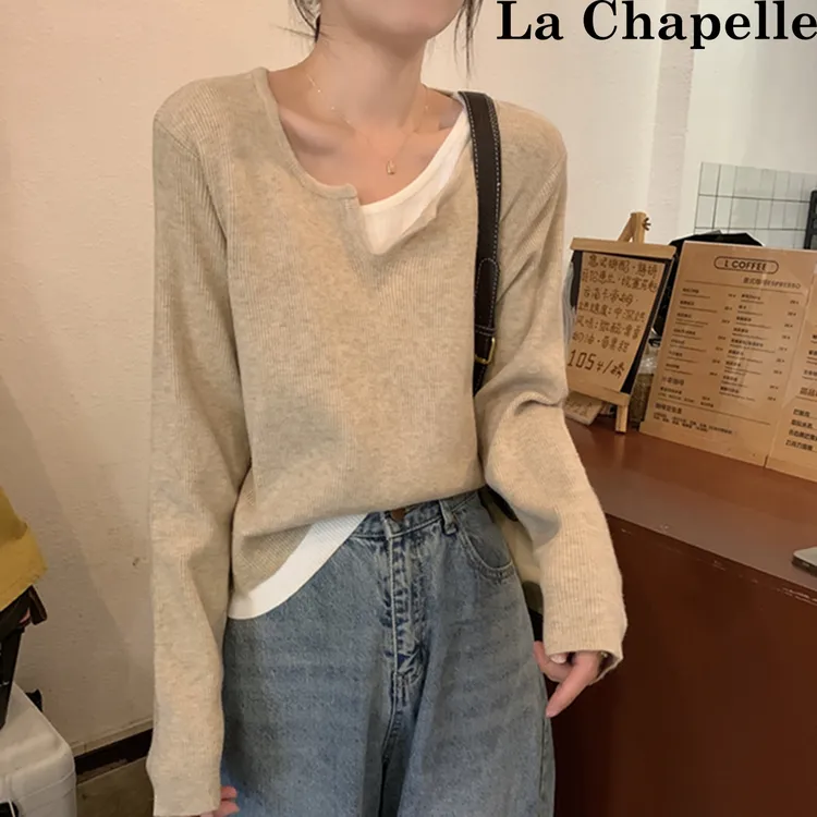 拉夏贝尔杏色ins风软糯假两件针织毛衣女打底衫春秋冬季小众上衣