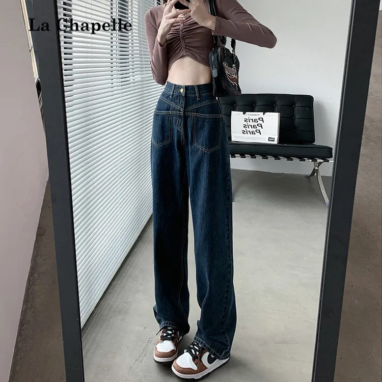 拉夏贝尔复古直筒牛仔裤女新款春秋高腰显瘦宽松小个子窄版阔腿裤