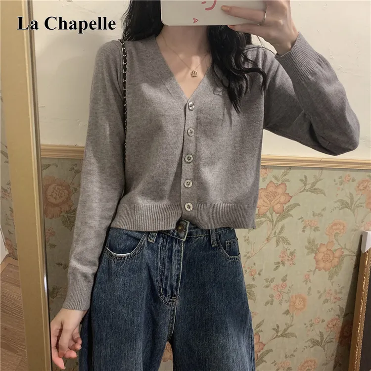 拉夏贝尔薄款针织开衫外套女春秋韩版宽松毛衣短款百搭打底衫上衣
