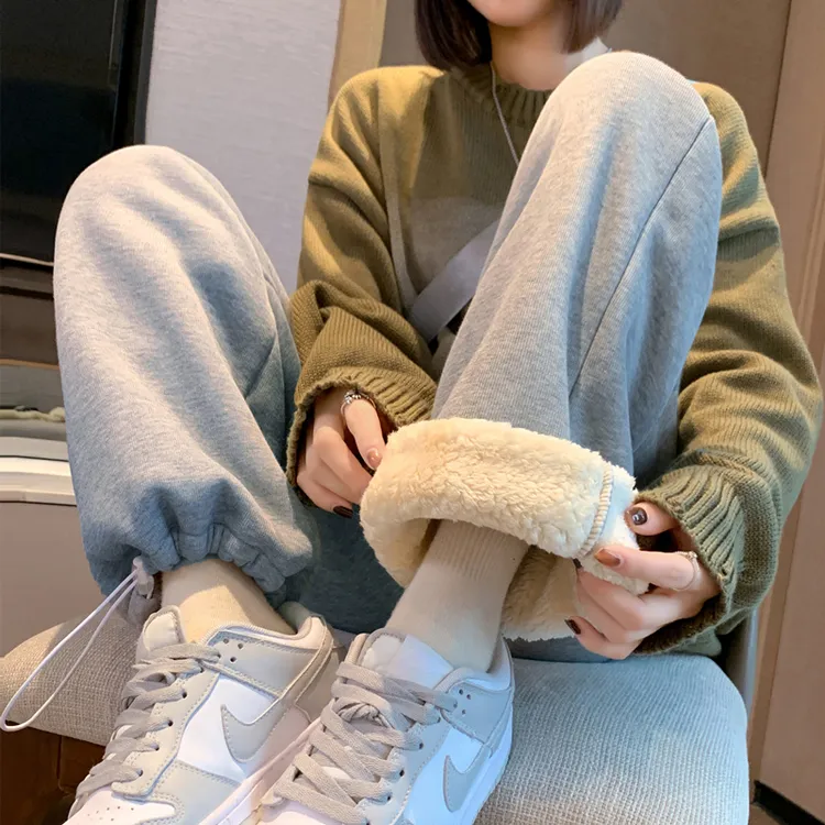 灰色2025秋冬加绒运动裤女阔腿直筒美式抽绳卫裤休闲外穿显瘦