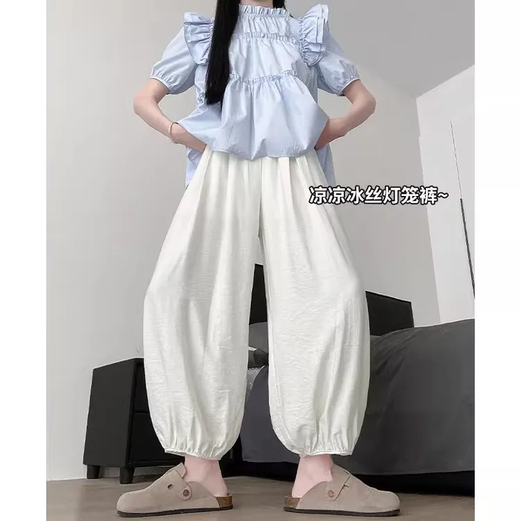 白色冰丝灯笼裤女夏季薄款2024新款高腰显瘦九分束脚哈伦萝卜裤子