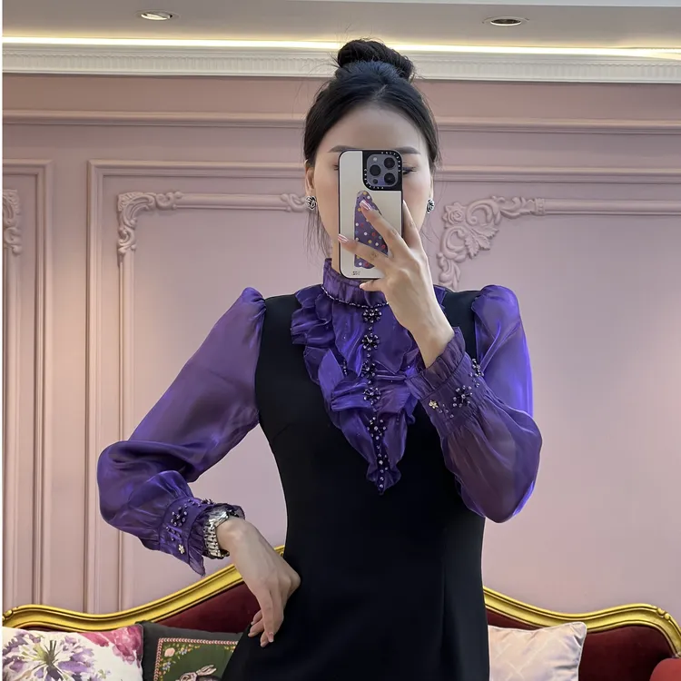 MissFuZi秋季设计师法式钉珠修身木耳领时尚气质显瘦洋气连衣裙