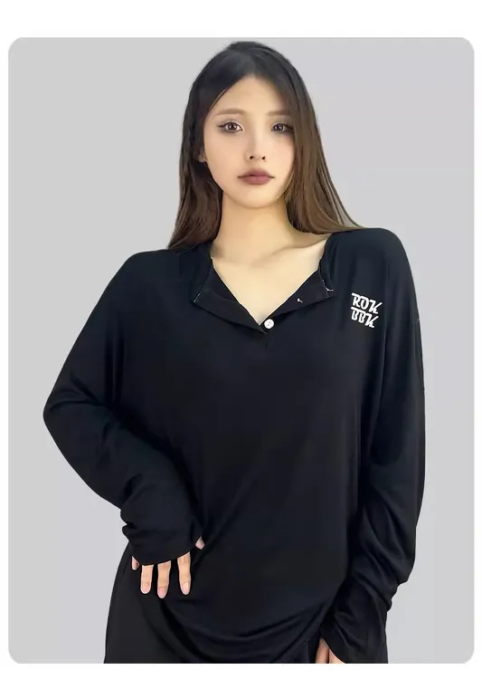 街舞潮牌爵士舞宽松长袖女美式翻领上衣慵懒跳舞休闲外搭罩衫夏季