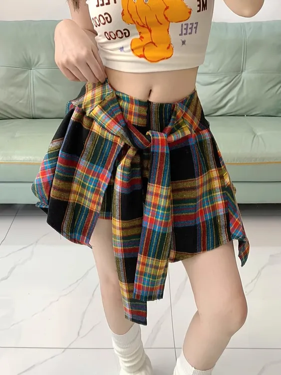 美式高街跳爵士舞嘻哈不规则格纹半身裙女夏季辣妹A字裙裤短裙子