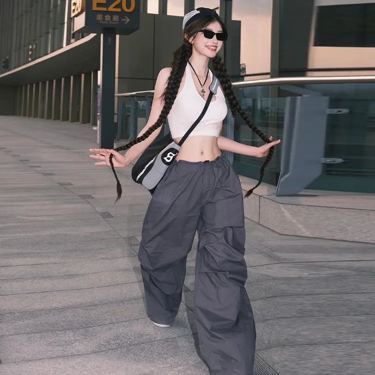 2024新款美式街头运动时尚阔腿裤女气质高腰显瘦宽松款直筒梭织裤
