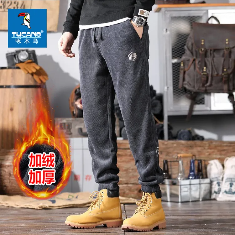 啄木鸟秋冬季新款加绒加厚灯芯绒宽松束裤脚格子时尚男士休闲裤