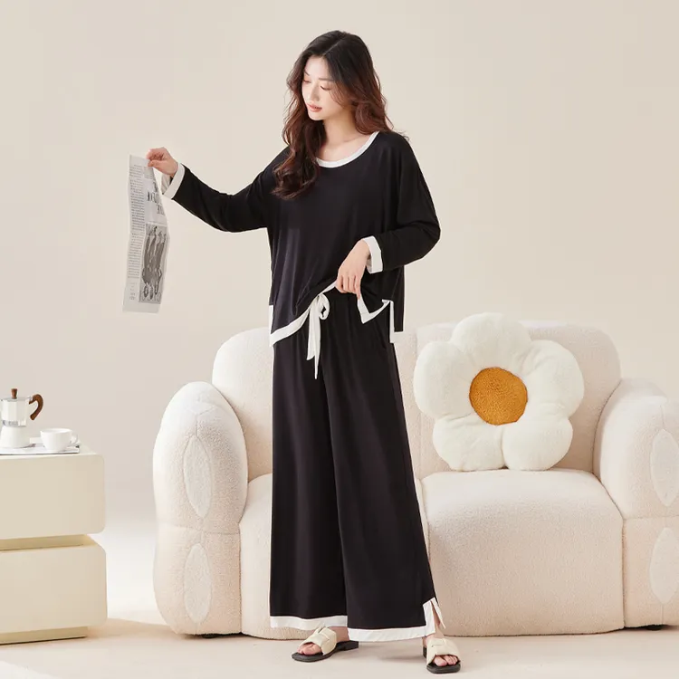 春秋款睡衣女长袖长裤秋季薄款黑色莫代尔棉家居服柔软可外穿套装