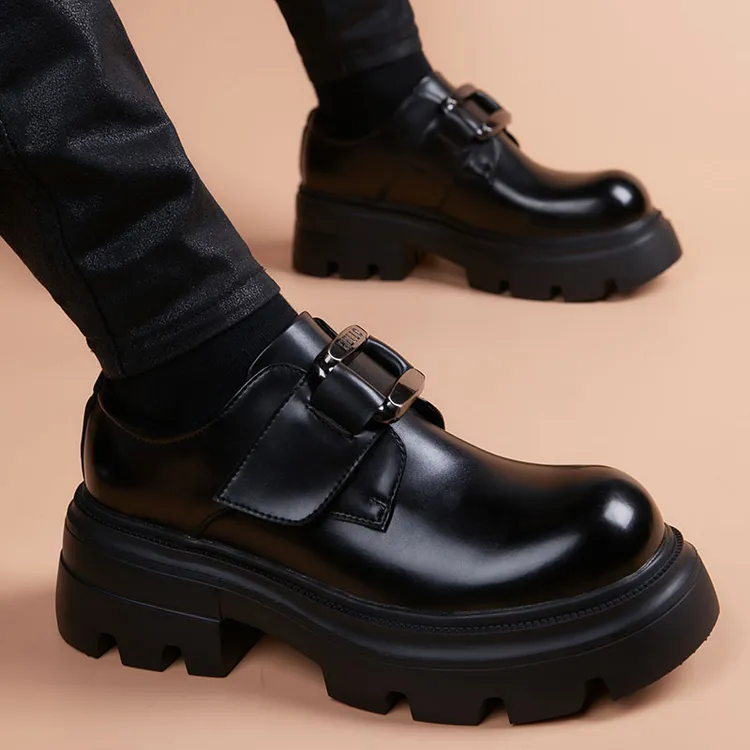 厚底德比鞋2025新款侧搭扣高档增高休闲男鞋男士百搭爆款大头皮鞋